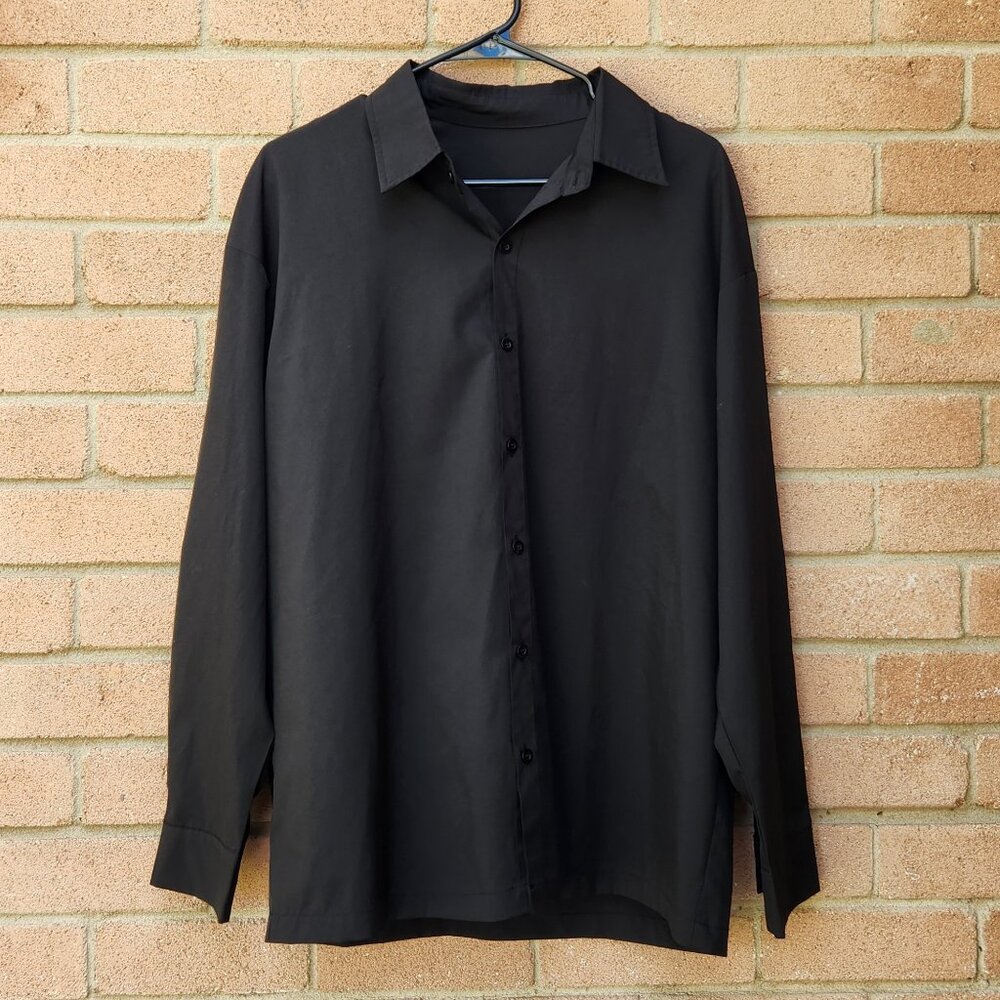 Men’s Button Down Shirt Small Black Long Sleeve Casual Dress Top Polyester